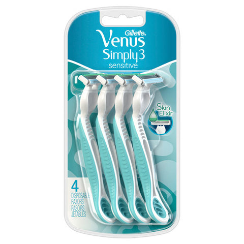 Venus Gillette Simply 3 Sensitive Women's Disposable Razors, 4 Count