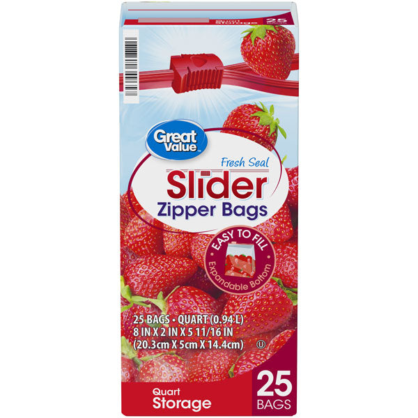 Great Value Quart Storage Fresh Seal Slider Zipper Bags 25 Count Water Butlers