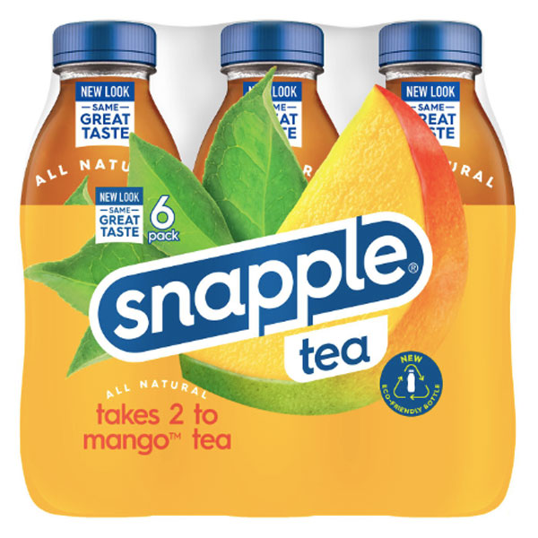 Snapple Takes 2 to Mango Tea, 16 fl oz recycled plastic bottle, 6 pack