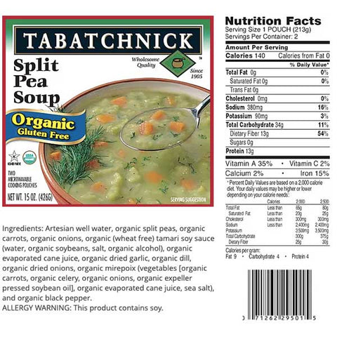 Tabatchnick Organic Split Pea Soup, 15 oz - Water Butlers