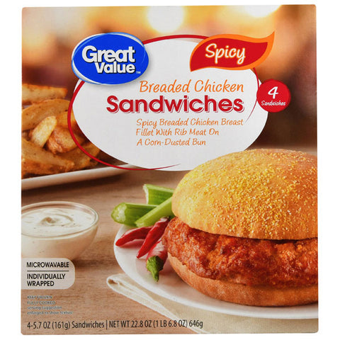 Great Value Frozen Spicy Breaded Chicken Sandwiches, 4 Count