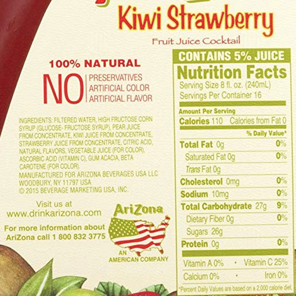 AriZona Kiwi Strawberry Juice Cocktail, 128 Fl. Oz. - Water Butlers