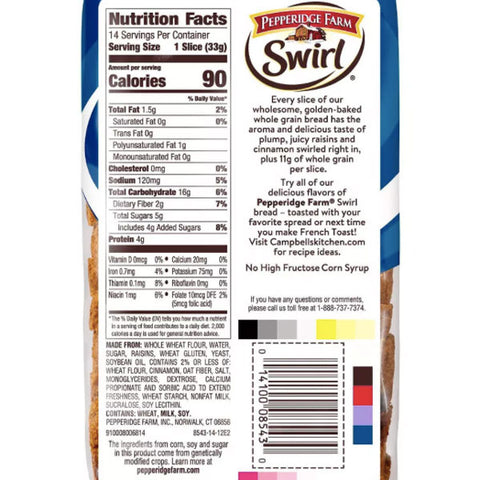 Pepperidge Farm Swirl 100% Whole Wheat Cinnamon Raisins Breakfast Bread, 16 oz. Loaf