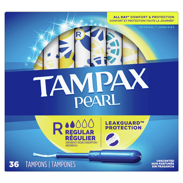 Tampax Pearl Regular Absorbency Plastic Tampons, Unscented, 36 Count