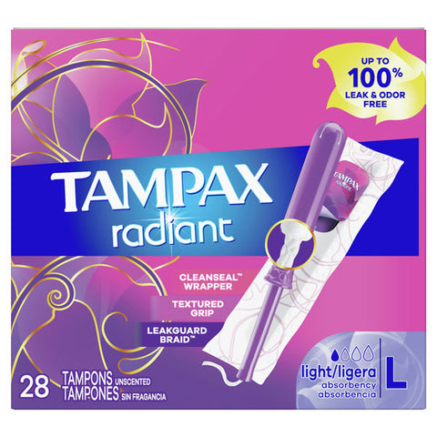Tampax Radiant Tampons Light Absorbency, Unscented, 28 Count