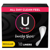 Kotex U Barely There Liners, Light Absorbency, Regular, Unscented, 18 Count