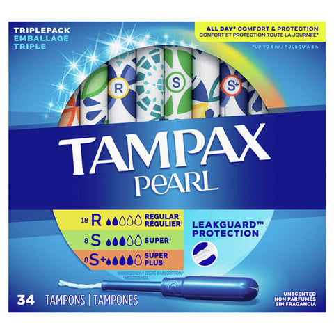 Tampax Pearl Tampons, Triple Pack, Reg, Sup, Sup Plus, Unscented, 34 Count