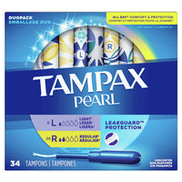 Tampax Pearl Tampons Duo Pack, Light, Regular Absorbency, 34 Count
