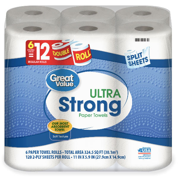 Great Value Ultra Strong Paper Towels, Split Sheets, 6 Double Rolls