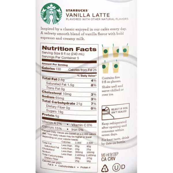 Starbucks Vanilla Latte Iced Espresso Coffee, 40 oz - Water Butlers