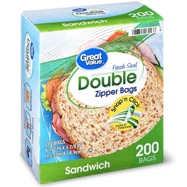Great Value Double Zipper Sandwich Bags, 200 Count