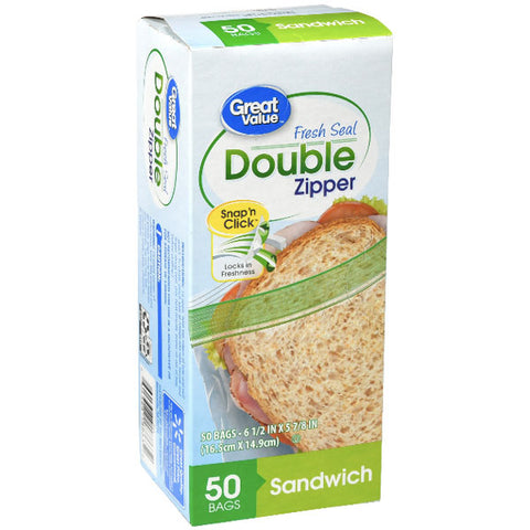 Great Value Double Zipper Sandwich Bags, 50 Count